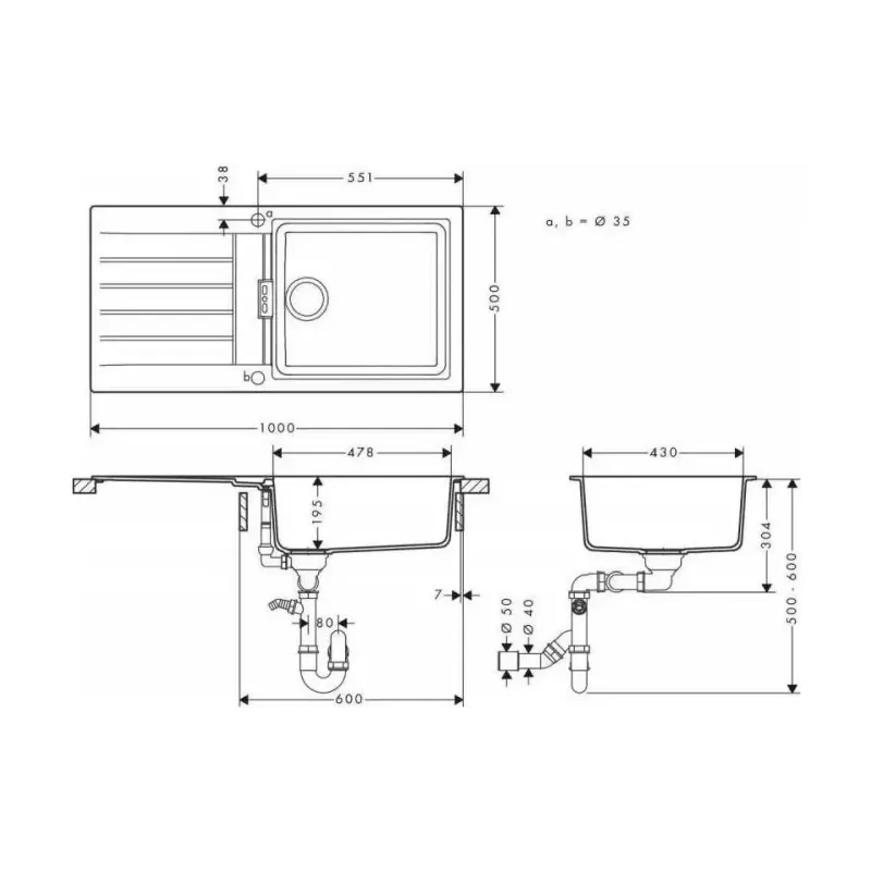 Νιπτήρας κουζίνας + μίξερ Hansgrohe S520-F480, Grey Stone (43358800)