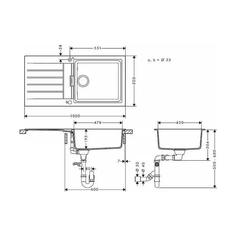 حوض المطبخ + الخلاط Hansgrohe S520-F480, Black Graphite (43358670)