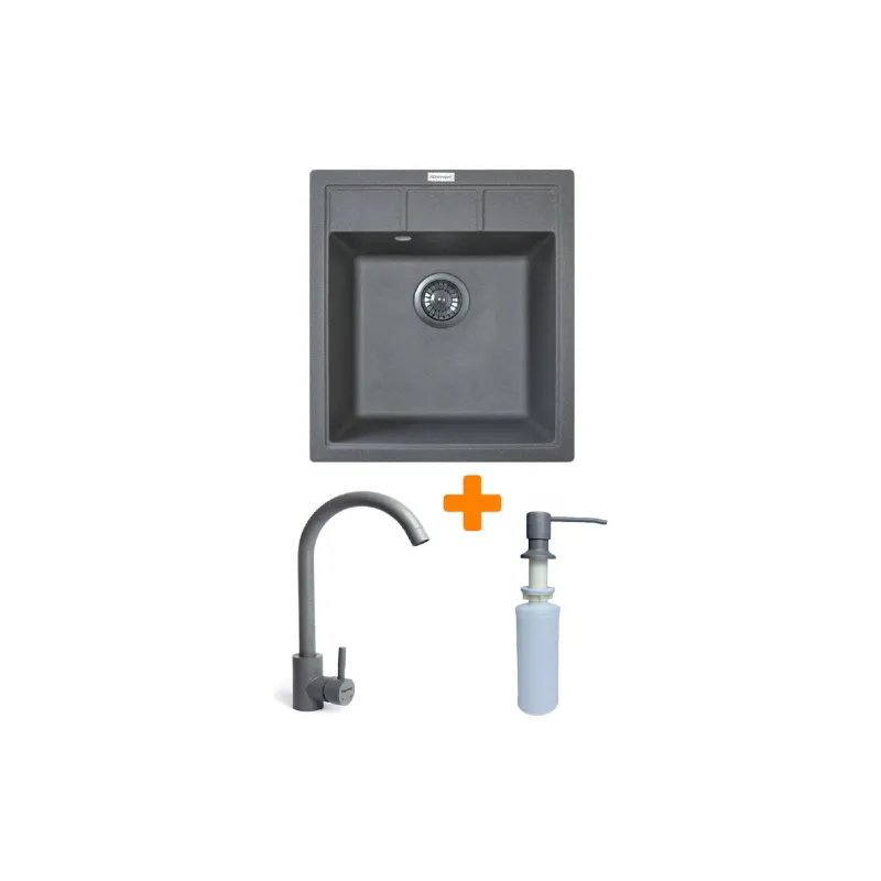 Кухонна мийка + змішувач + дозатор Adamant Brick (4824296209704), врізна, Grey