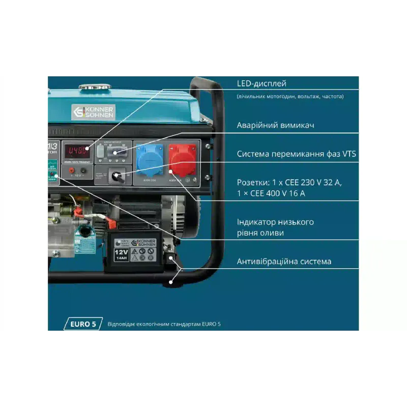 Генератор бензиновий Konner&Sohnen (KS 10000E 1/3), 8 кВт, 3 фази, електростартер