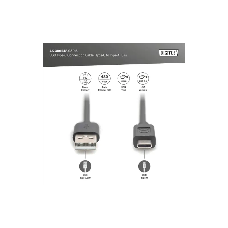 Καλώδιο Digitus USB-A - USB-C, Black (AK-300148-030-S)