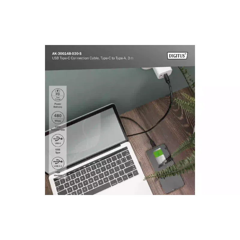 Καλώδιο Digitus USB-A - USB-C, Black (AK-300148-030-S)