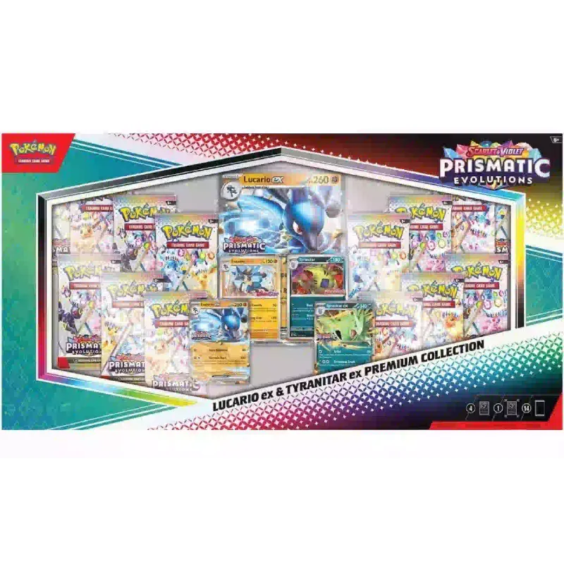 Покемон Pokemon TCG Scarlet & Violet Prismatic Evolutions Lucario Ex & Tyranitar Ex Premium Collection Box (196214130029)