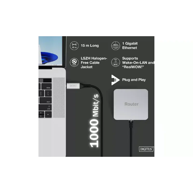Кабель Digitus USB-C - RJ45, 15 м (AK-300601-150-S)