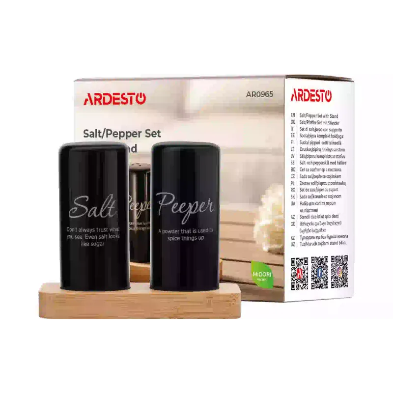 Набор для соли и перца на подставке Ardesto Midori, 8.5 см, керамика/бамбук, 3 шт (AR0965)