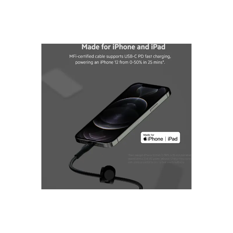 كابل الشحن والمزامنة Belkin USB-C - Lightning, Black (CAA011BT1MBK)