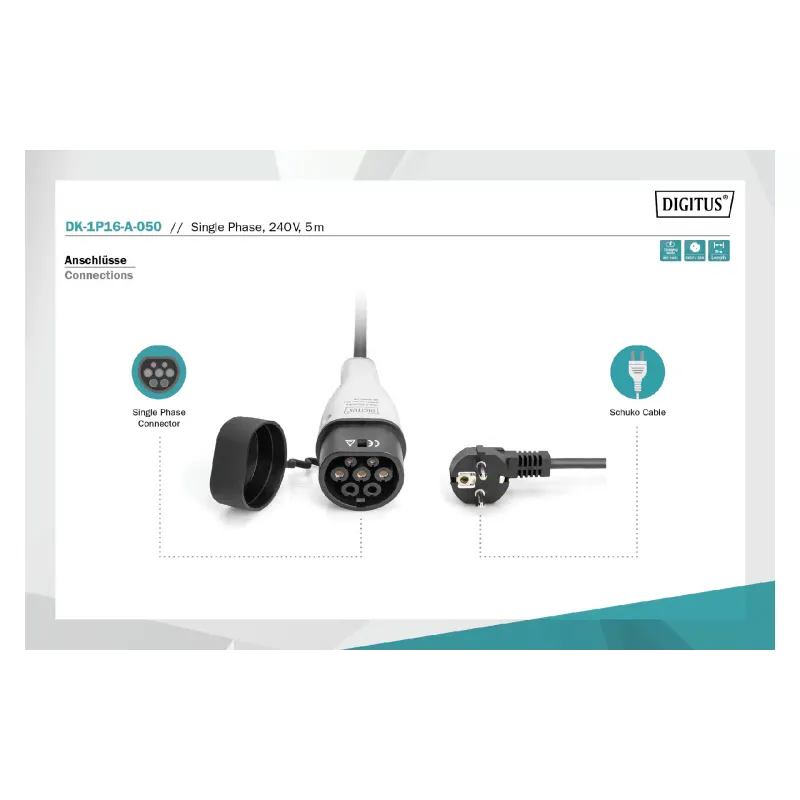 Polnilni kabel za električna vozila Digitus Schuko - Type 2 (DK-1P16-A-050)