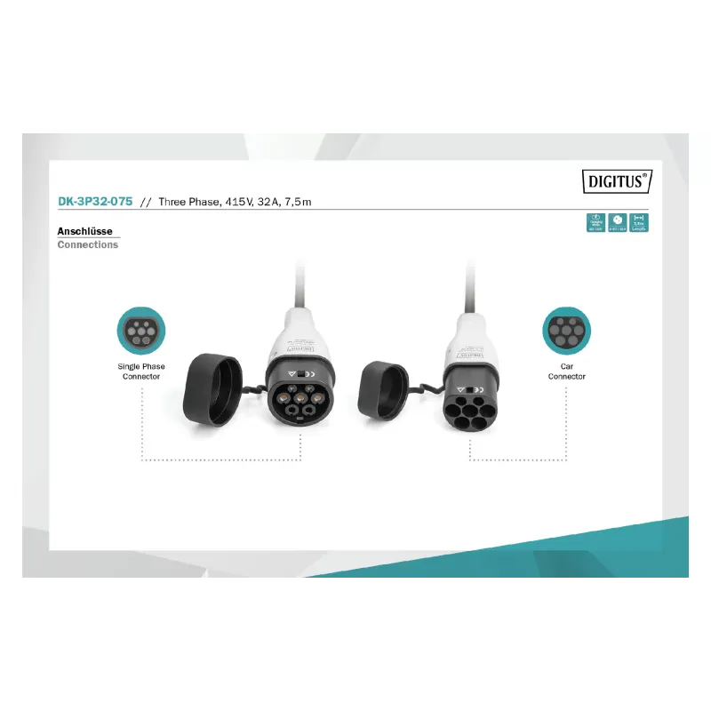 Polnilni kabel za električna vozila Digitus Type 2 - Type 2 (DK-3P32-075)