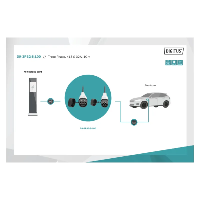 Καλώδιο φόρτισης ηλεκτρικού οχήματος Digitus Type 2 - Type 2 (DK-3P32-S-100)