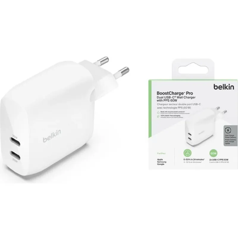شاحن Belkin USB-C x2, White (WCB010VFWH)