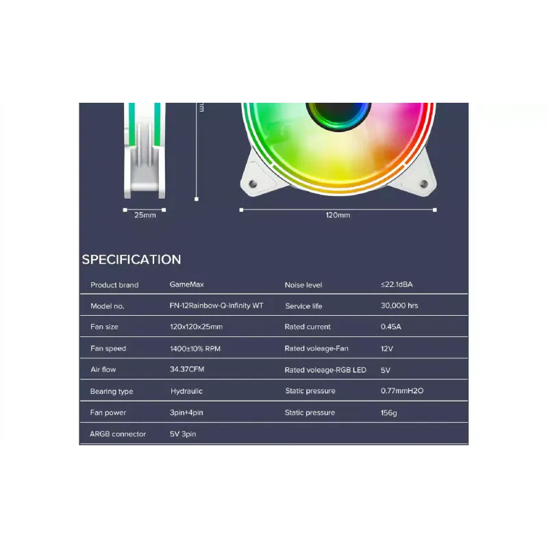 مروحة العلبة Gamemax (FN-12Rainbow-Q-Infinity-WT)