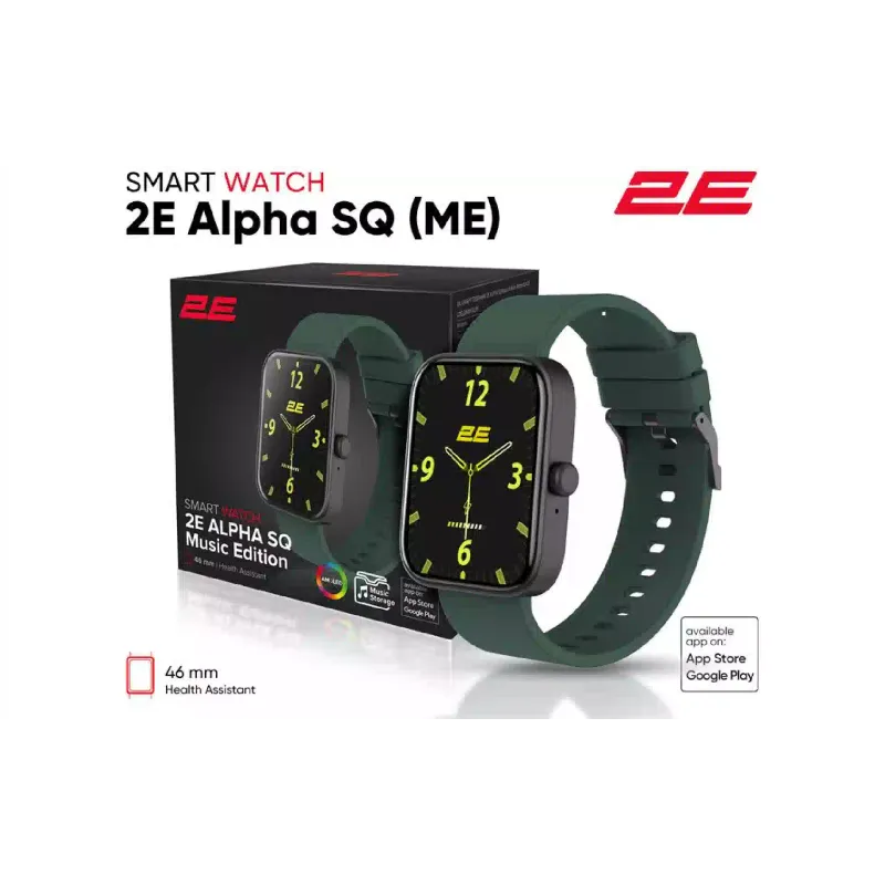 Смарт-годинник 2E Alpha SQ Music Edition (2E-CWW40BKGN), 46 мм, Black/Green
