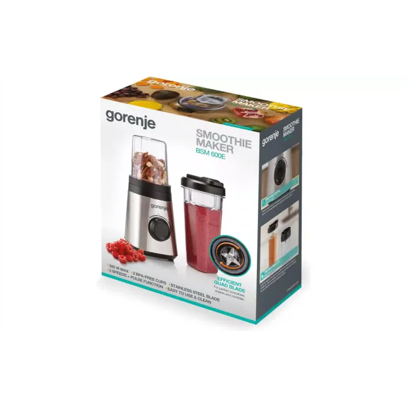 Блендер для смузі Gorenje (BSM600E), 600 мл, 320 Вт, Black/Stainless steel