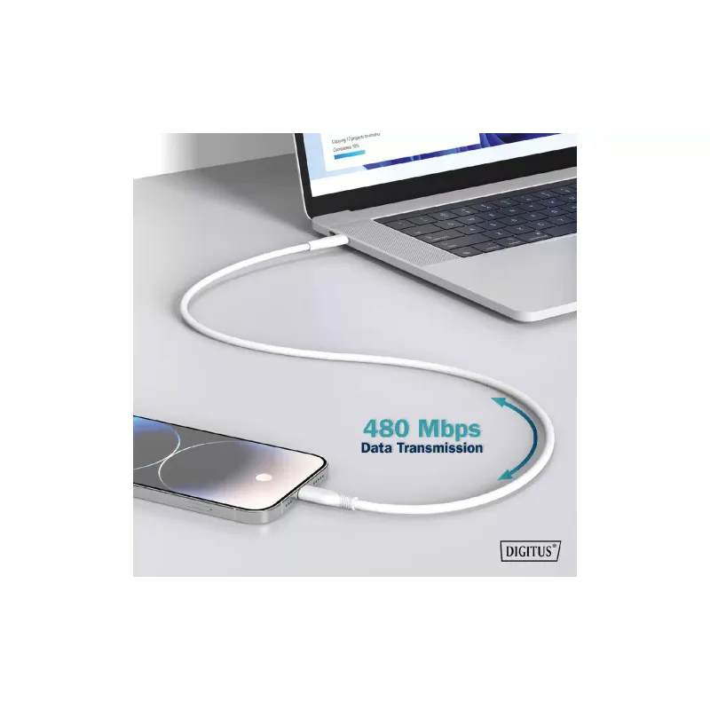Καλώδιο φόρτισης και συγχρονισμού Digitus USB-C - Lightning, White (AK-600110-020-W)