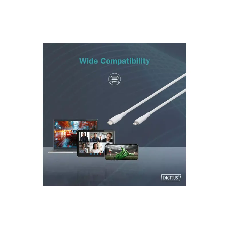Καλώδιο φόρτισης και συγχρονισμού Digitus USB-C - Lightning, White (AK-600110-020-W)